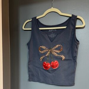 VINTAGE Navy Cherry Print Crop Top